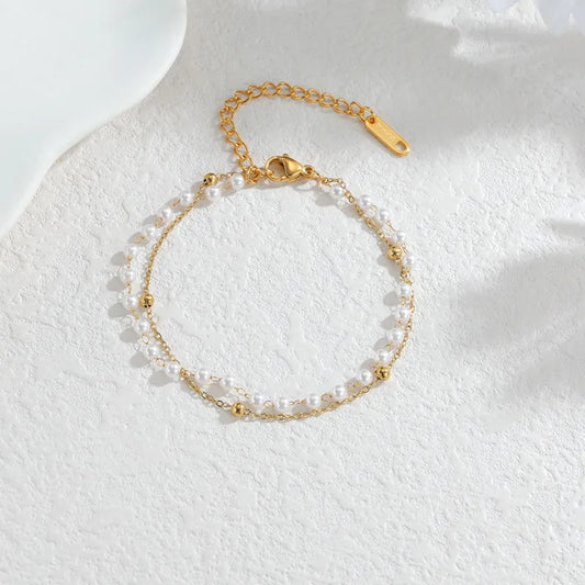 Two-layer Pearl Bracelet 18K Gold Dongdaemun Women's Simple Jewelry Stainless Steel Rose Gold