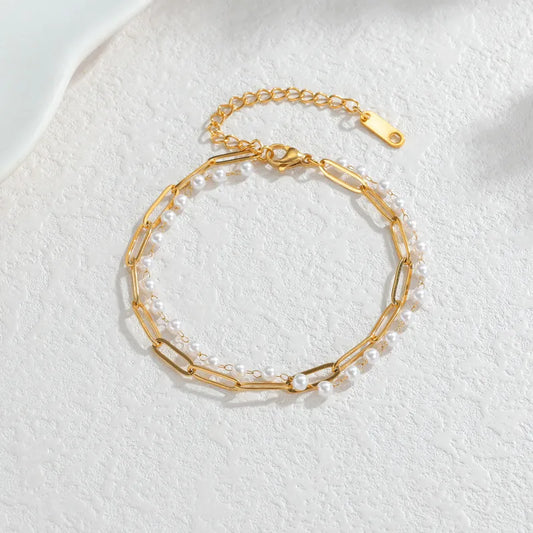 Two-layer Pearl Bracelet 18K Gold Dongdaemun Women's Simple Jewelry Stainless Steel Rose Gold