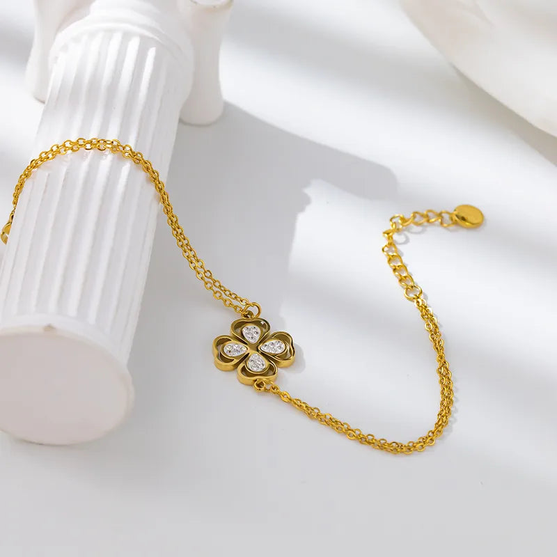 Two-layer Stainless Steel Women's Bracelet Four-leaf Clover Design Bohemian Birthday Gift For Girlfriend Jewelry