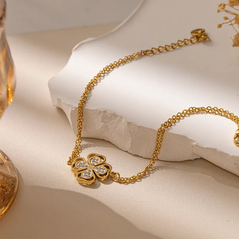 Two-layer Stainless Steel Women's Bracelet Four-leaf Clover Design Bohemian Birthday Gift For Girlfriend Jewelry