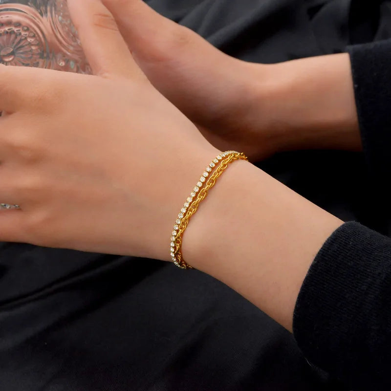 Two-layer Titanium Steel Bracelet For Women Stainless Steel Inlaid Diamond Wrist Jewelry Geometric Rose Gold