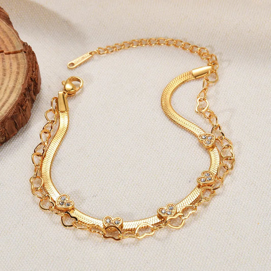 Two-layer Titanium Steel Gold-plated Butterfly Heart-shaped Diamond Inlaid Bracelet Casual Daily Wear Ladies Jewelry