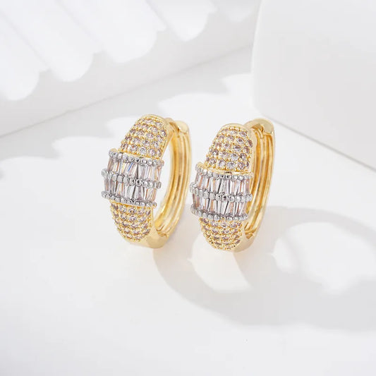 Two-tone High-end Exaggerated Zircon Triangle Gold-plated Copper Luxurious Ear Clips Shiny Earrings Hoops