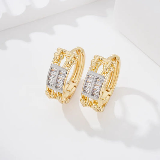 Two-tone High-end Exaggerated Zircon Triangle Gold-plated Copper Luxurious Ear Clips Shiny Earrings Hoops