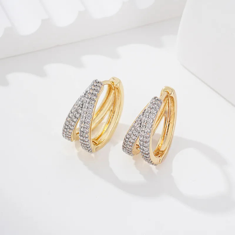 Two-tone High-end Exaggerated Zircon Triangle Gold-plated Copper Luxurious Ear Clips Shiny Earrings Hoops