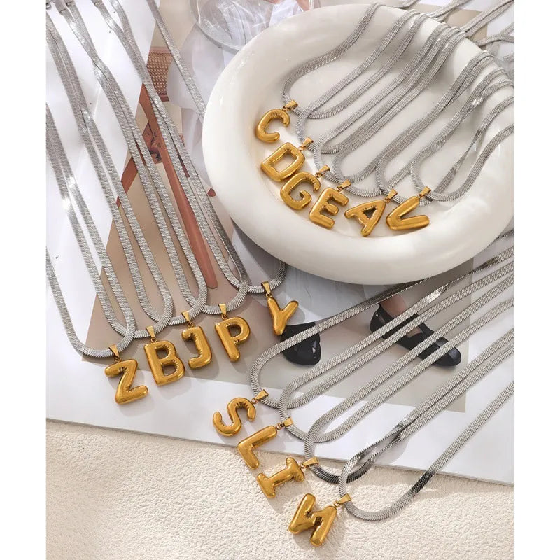 Universal Flat Chain Geometric Pattern Titanium Steel Letter Pendant Necklace Women's Style Snake Bone Jewelry Accessory