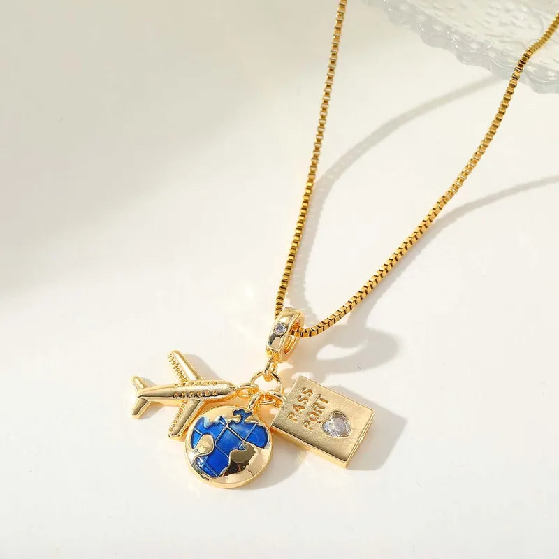Vacation Streetwear Earth Airplane Copper 18k Gold Plated Zircon Pendant Necklace In Bulk