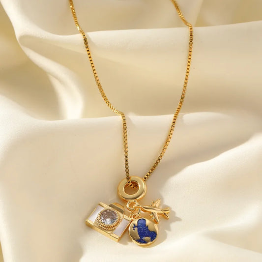 Vacation Streetwear Earth Airplane Copper 18k Gold Plated Zircon Pendant Necklace In Bulk