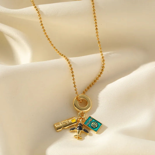 Vacation Streetwear Earth Airplane Copper 18k Gold Plated Zircon Pendant Necklace In Bulk