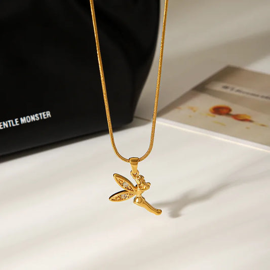 Vacuum Electroplated 304 Stainless Steel Little Angel Pendant Necklace Plated With 18K Real Gold Zircon Little Elf Collarbone Chain