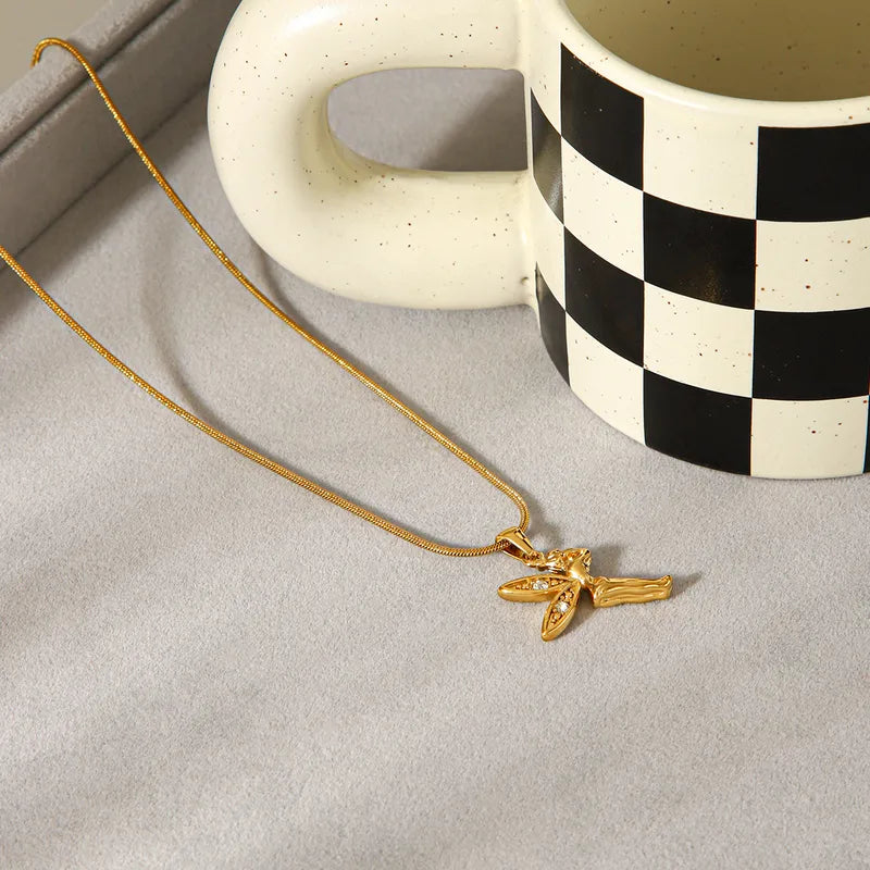 Vacuum Electroplated 304 Stainless Steel Little Angel Pendant Necklace Plated With 18K Real Gold Zircon Little Elf Collarbone Chain