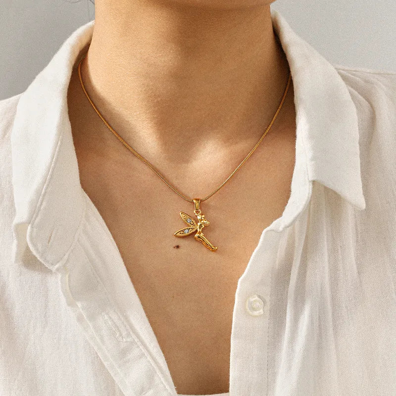 Vacuum Electroplated 304 Stainless Steel Little Angel Pendant Necklace Plated With 18K Real Gold Zircon Little Elf Collarbone Chain