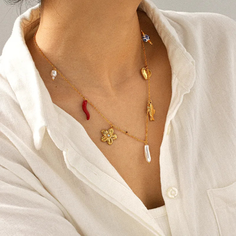 Vacuum Electroplated Stainless Steel Flower Fish Heart Imitation Pearl Multi Pendant Necklace 18K Gold Plated Women's Collarbone Chain