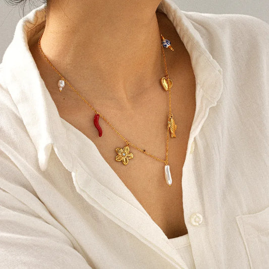 Vacuum Electroplated Stainless Steel Flower Fish Heart Imitation Pearl Multi Pendant Necklace 18K Gold Plated Women's Collarbone Chain