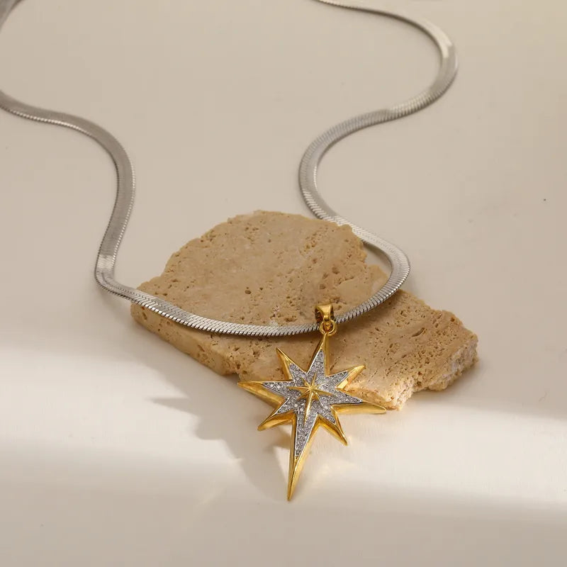 Vacuum Electroplating (In Furnace) Plated 18K Real Gold 304 Stainless Steel Copper Star Zircon Elegant Vintage Romantic Cable Inlaid Flat Snake Chain Lobster Clasp Necklace