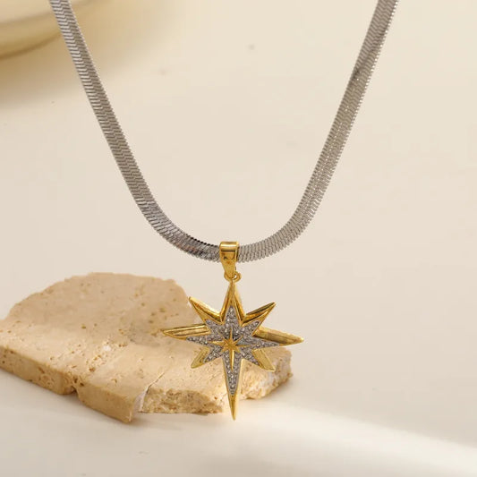 Vacuum Electroplating (In Furnace) Plated 18K Real Gold 304 Stainless Steel Copper Star Zircon Elegant Vintage Romantic Cable Inlaid Flat Snake Chain Lobster Clasp Necklace