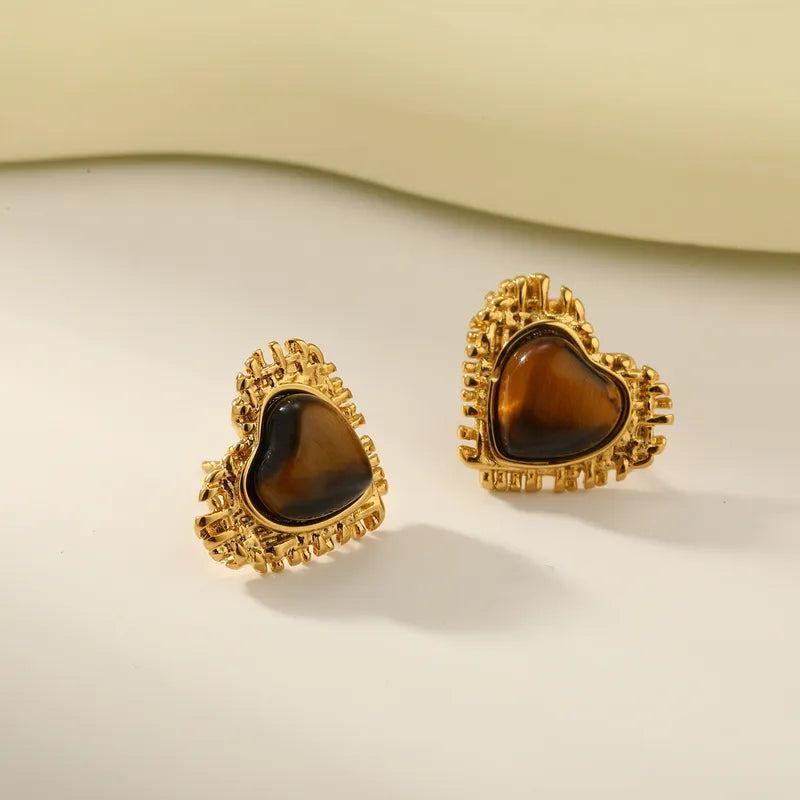 Vacuum Electroplating (In Furnace) Plated 18K Real Gold 304 Stainless Steel Love Heart Shaped Imitation Pearl Tiger Eye Stud Earrings