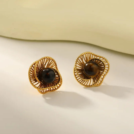 Vacuum Electroplating (In Furnace) Plated 18K Real Gold 304 Stainless Steel Love Heart Shaped Imitation Pearl Tiger Eye Stud Earrings