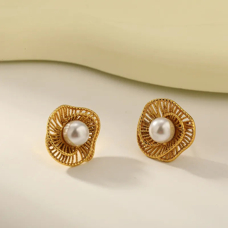 Vacuum Electroplating (In Furnace) Plated 18K Real Gold 304 Stainless Steel Love Heart Shaped Imitation Pearl Tiger Eye Stud Earrings