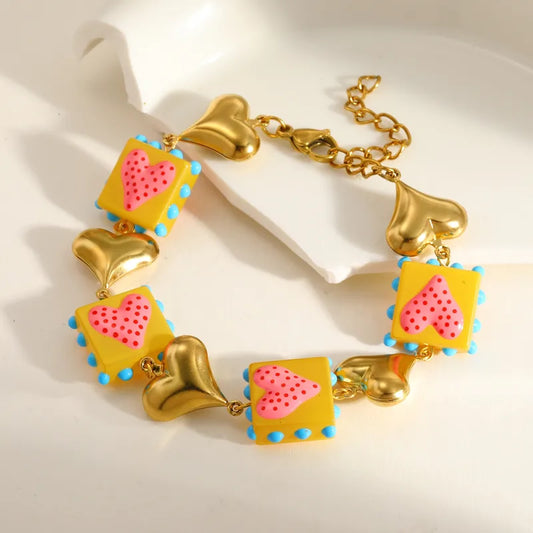 Vacuum Electroplating (In Furnace) Plated 18K Real Gold 304303 Stainless Steel Glazed Square Heart-shaped Bracelet Female Lobster Buckle Casual Elegant Retro Electroplating Handmade Chain Festival Tea Party Weekend Daily Applicable