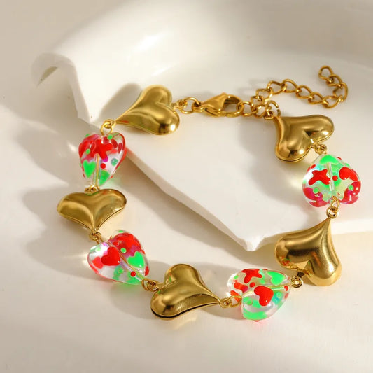 Vacuum Electroplating (In Furnace) Plated 18K Real Gold 304303 Stainless Steel Glazed Square Heart-shaped Bracelet Female Lobster Buckle Casual Elegant Retro Electroplating