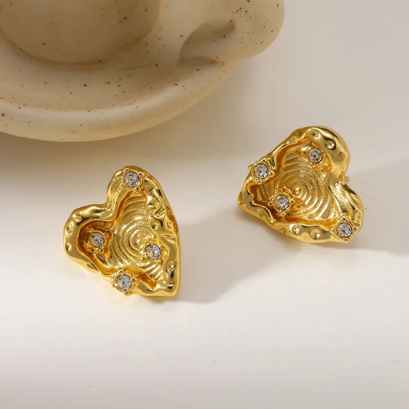 Vacuum Electroplating (In Furnace) Plated 18K Real Gold 304316 Stainless Steel Zircon Heart-shaped Earrings For Women