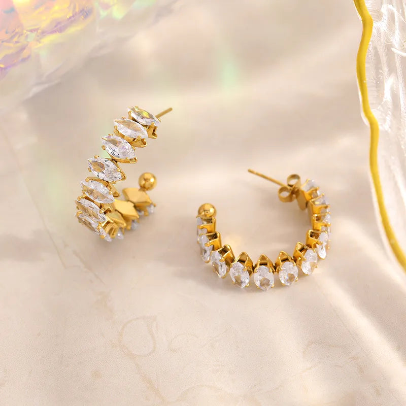 Vacuum Electroplating (In Furnace) Plated 18K Real Gold C-shaped Retro Classic Style Inlaid Zircon Light Luxury Temperament French Romantic 304 Stainless Steel Earrings