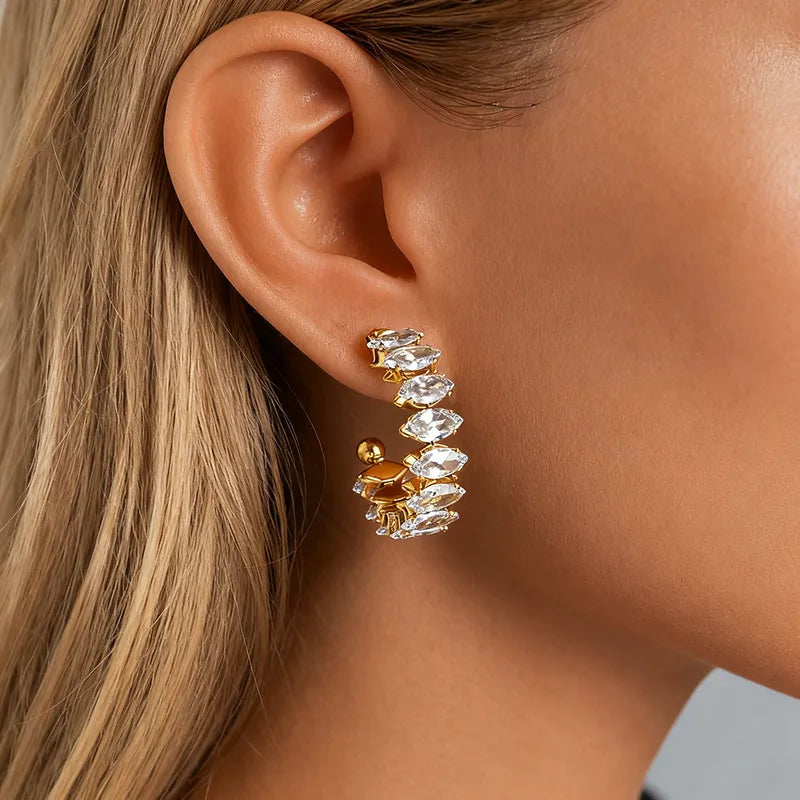 Vacuum Electroplating (In Furnace) Plated 18K Real Gold C-shaped Retro Classic Style Inlaid Zircon Light Luxury Temperament French Romantic 304 Stainless Steel Earrings