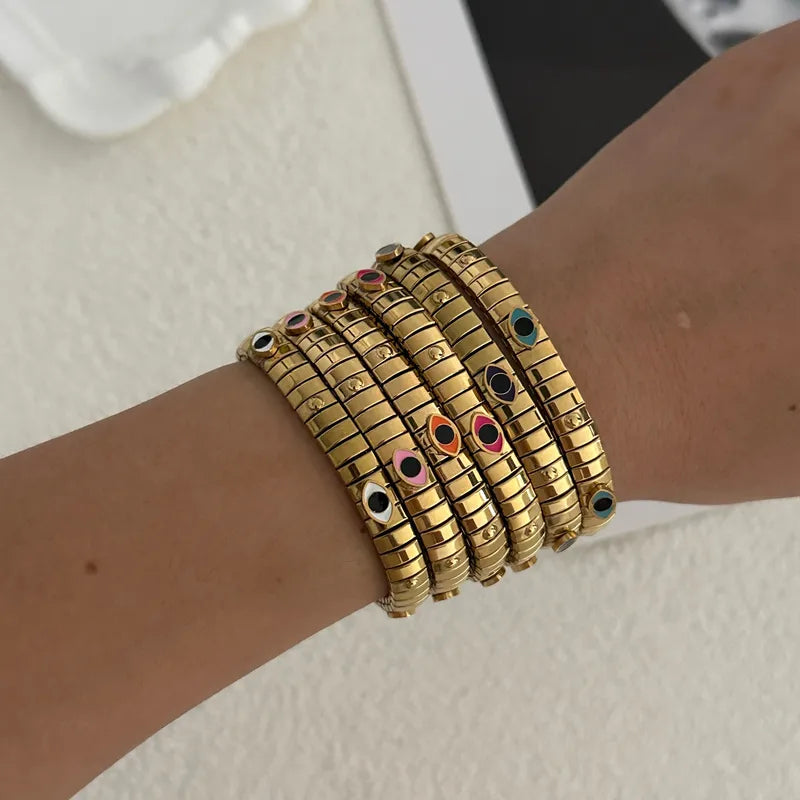 Vacuum Electroplating (In Furnace) Plated 18K Real Gold Colorful Eyes 304 Stainless Steel  Eye Casual Elegant Cute Bracelet