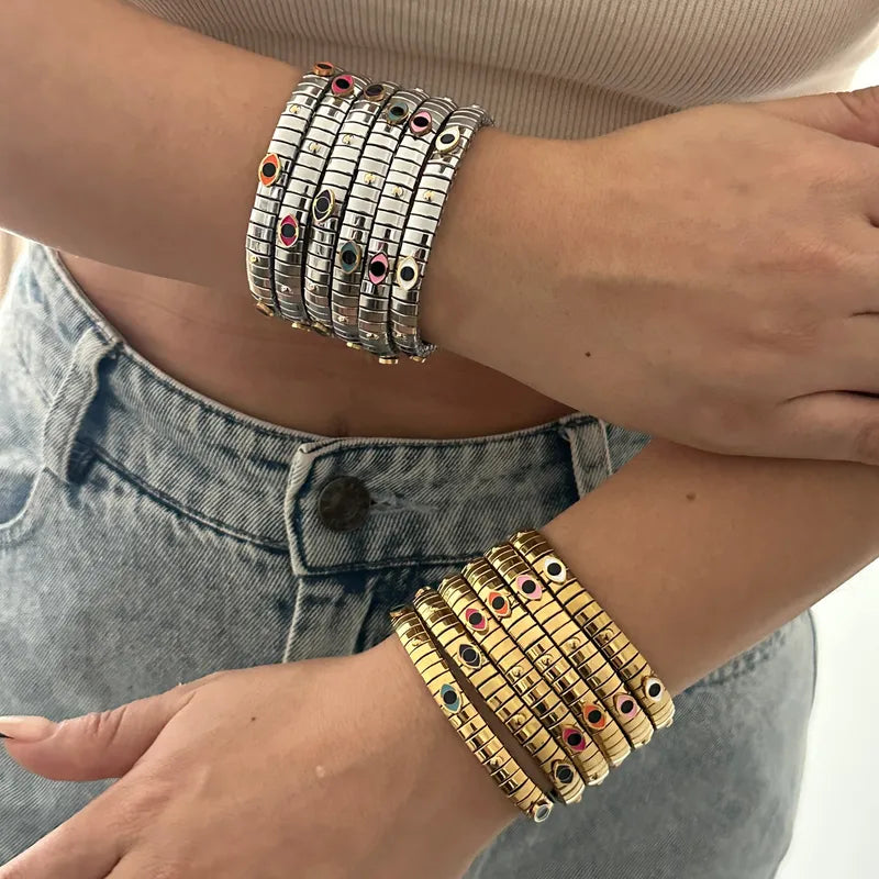 Vacuum Electroplating (In Furnace) Plated 18K Real Gold Colorful Eyes 304 Stainless Steel  Eye Casual Elegant Cute Bracelet