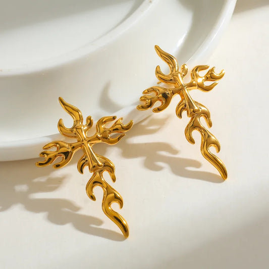 Vacuum Electroplating (In Furnace) Plated 18K Real Gold Cross 304 Stainless Steel Casual Elegant Vintage Electroplated Stud Earrings