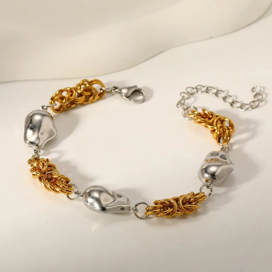 Vacuum Electroplating (In Furnace) Plated 18K Real Gold Irregular Geometric Round 304 Stainless Steel Women's Suitable Contrast Color Metal Bracelet