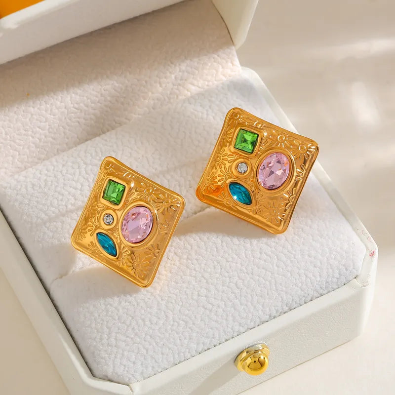 Vacuum Electroplating (In Furnace) Plated 18K Real Gold Zircon Heart-Shaped Geometric 304 Stainless Steel Earrings