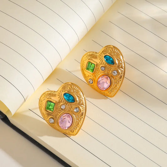 Vacuum Electroplating (In Furnace) Plated 18K Real Gold Zircon Heart-Shaped Geometric 304 Stainless Steel Earrings