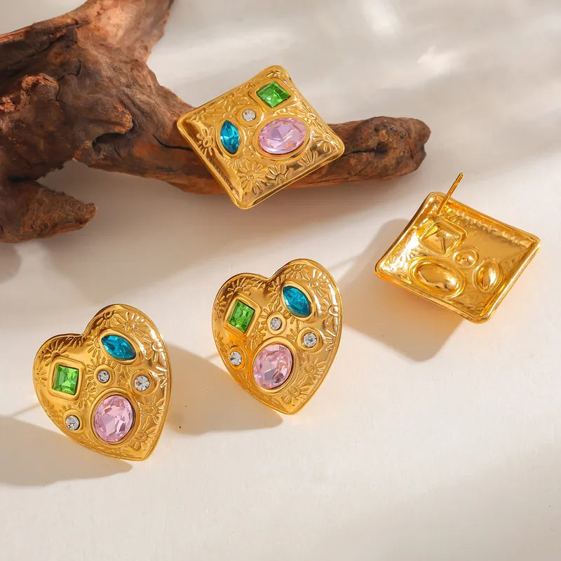 Vacuum Electroplating (In Furnace) Plated 18K Real Gold Zircon Heart-Shaped Geometric 304 Stainless Steel Earrings