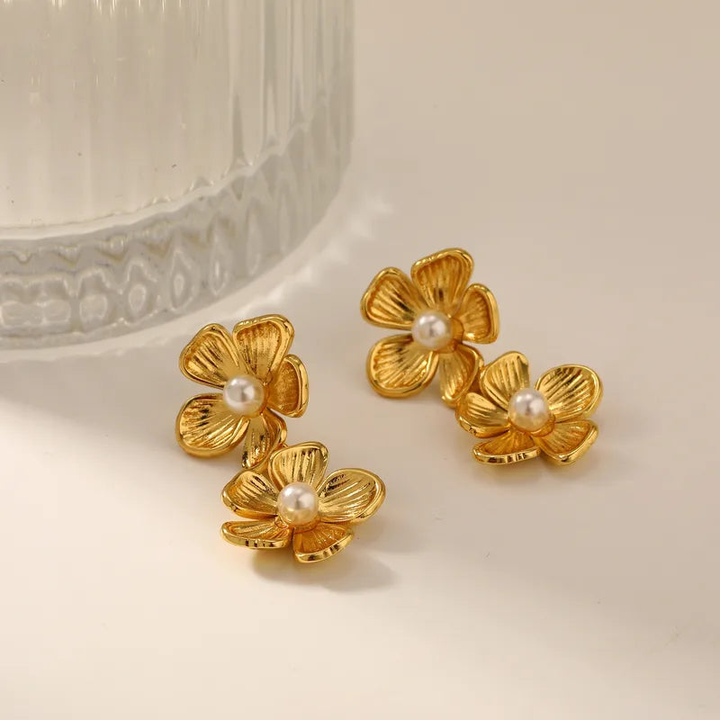 Vacuum Plating (In Furnace) 18K Real Gold Plated 304 Stainless Steel Flower Imitation Pearl Gold Earrings