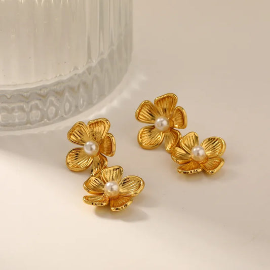 Vacuum Plating (In Furnace) 18K Real Gold Plated 304 Stainless Steel Flower Imitation Pearl Gold Earrings