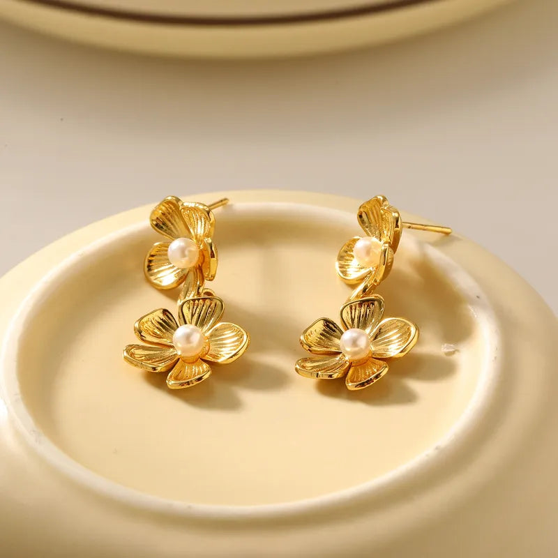 Vacuum Plating (In Furnace) 18K Real Gold Plated 304 Stainless Steel Flower Imitation Pearl Gold Earrings