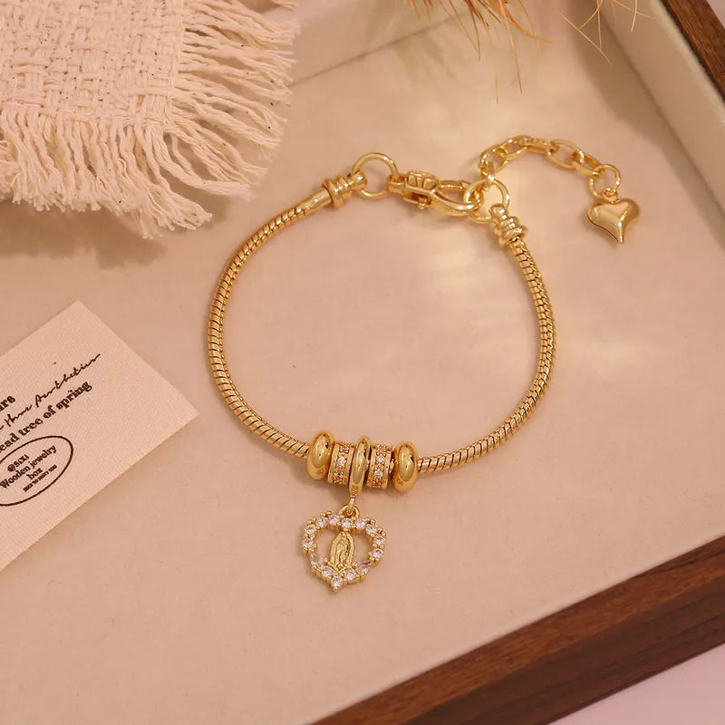 Vacuum Plating (In Furnace) Plated 18K Real Gold Cross Virgin Mary Heart Shape Copper Elegant Luxury Romantic Lobster Clasp Bracelet