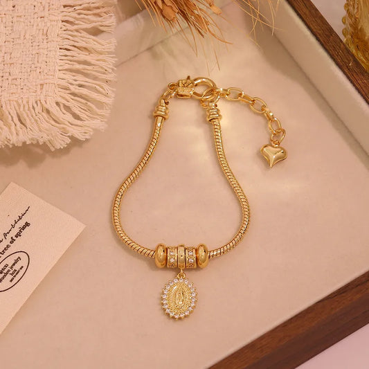 Vacuum Plating (In Furnace) Plated 18K Real Gold Cross Virgin Mary Heart Shape Copper Elegant Luxury Romantic Lobster Clasp Bracelet