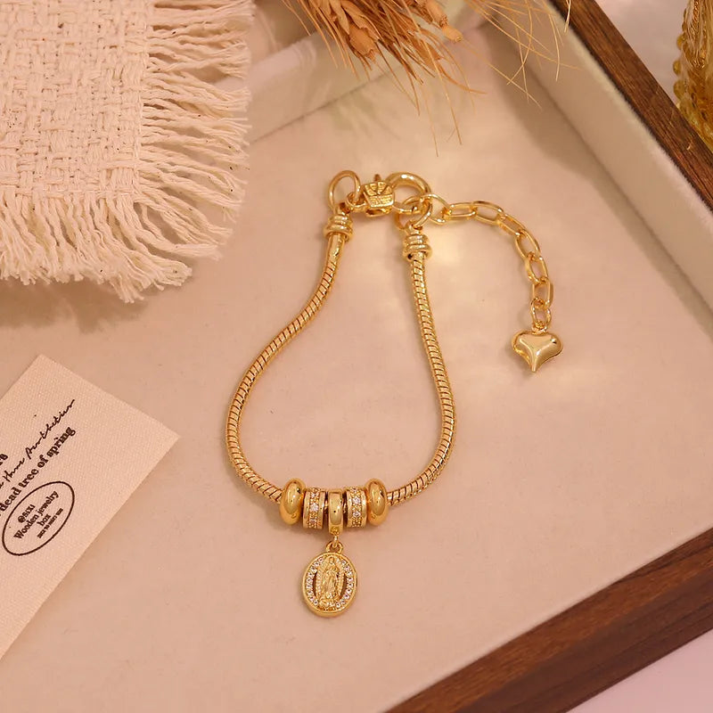 Vacuum Plating (In Furnace) Plated 18K Real Gold Cross Virgin Mary Heart Shape Copper Elegant Luxury Romantic Lobster Clasp Bracelet