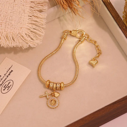 Vacuum Plating (In Furnace) Plated 18K Real Gold Cross Virgin Mary Heart Shape Copper Elegant Luxury Romantic Lobster Clasp Bracelet