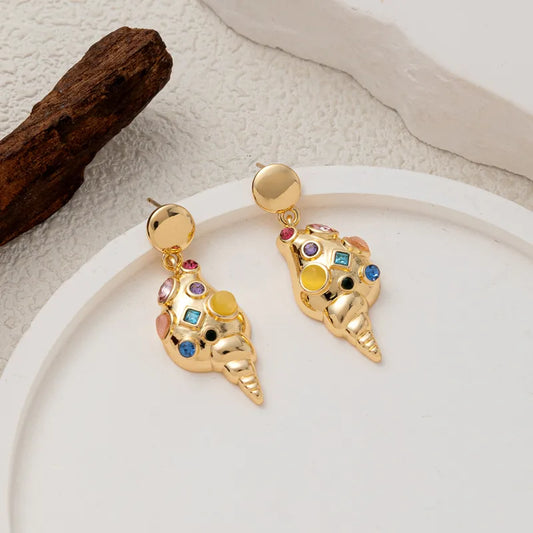 Vintage Dopamine Zircon Ocean Series Starfish Conch Earrings Ear Jewelry Ear Studs Gold Plated Color Retention