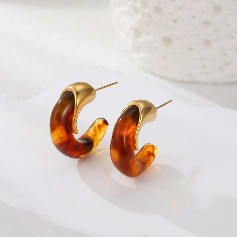 Vintage Exquisite C-shaped Resin Earrings 304 Stainless Steel Studs New Autumn Winter Geometric Half-round Vacuum Electroplating Plated 18K Real Gold