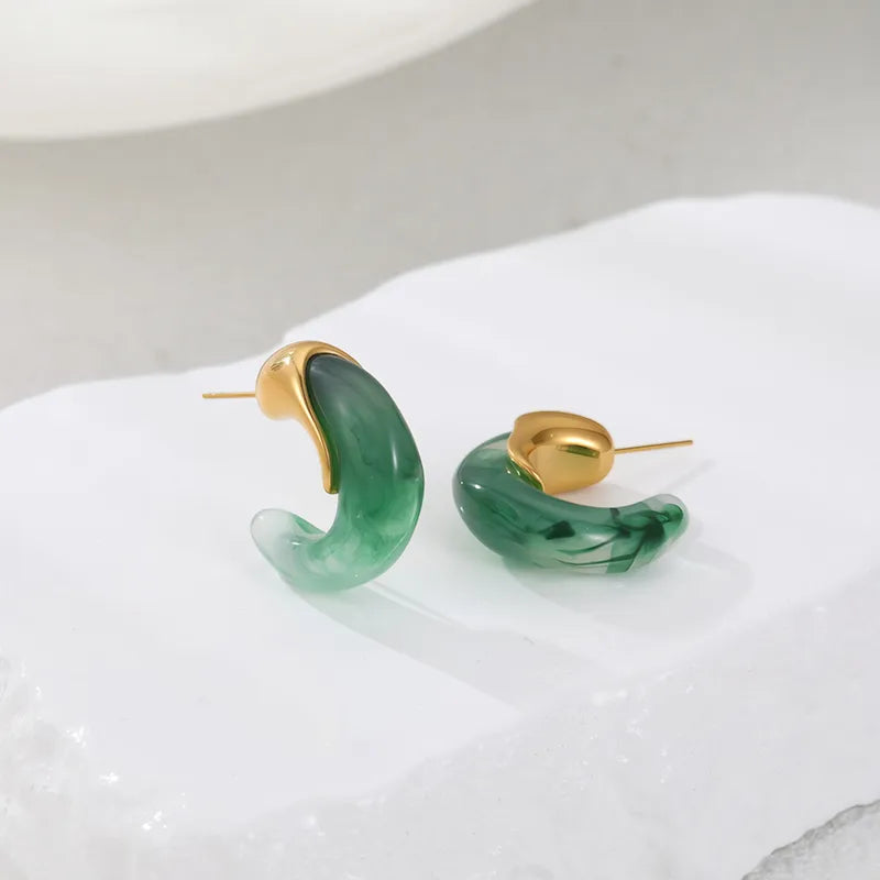 Vintage Exquisite C-shaped Resin Earrings 304 Stainless Steel Studs New Autumn Winter Geometric Half-round Vacuum Electroplating Plated 18K Real Gold