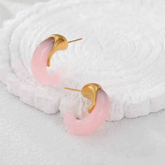 Vintage Exquisite C-shaped Resin Earrings 304 Stainless Steel Studs New Autumn Winter Geometric Half-round Vacuum Electroplating Plated 18K Real Gold