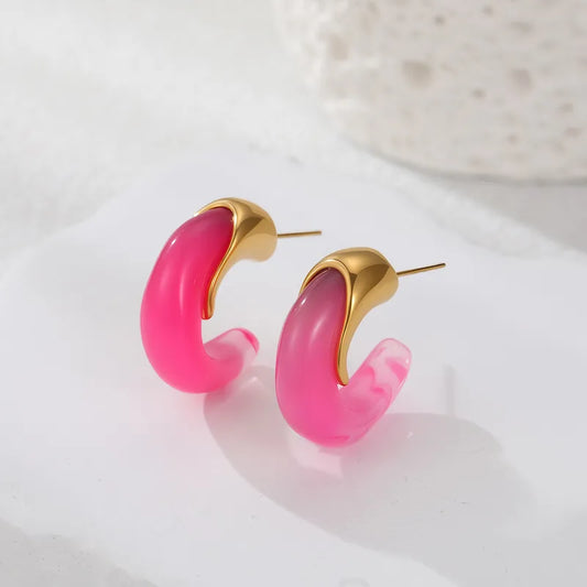 Vintage Exquisite C-shaped Resin Earrings 304 Stainless Steel Studs New Autumn Winter Geometric Half-round Vacuum Electroplating Plated 18K Real Gold