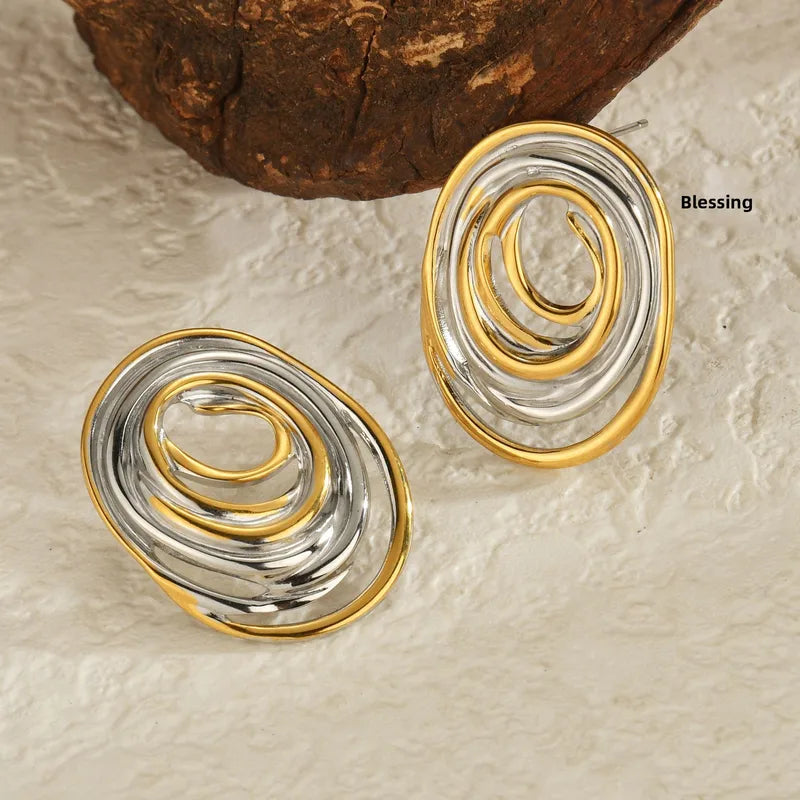 Vintage Geometric Oval Wrap Earrings Two-tone Premium Sensual Pair Gold Stainless Steel Black Glass Women's Earrings