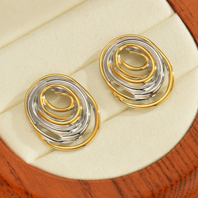 Vintage Geometric Oval Wrap Earrings Two-tone Premium Sensual Pair Gold Stainless Steel Black Glass Women's Earrings