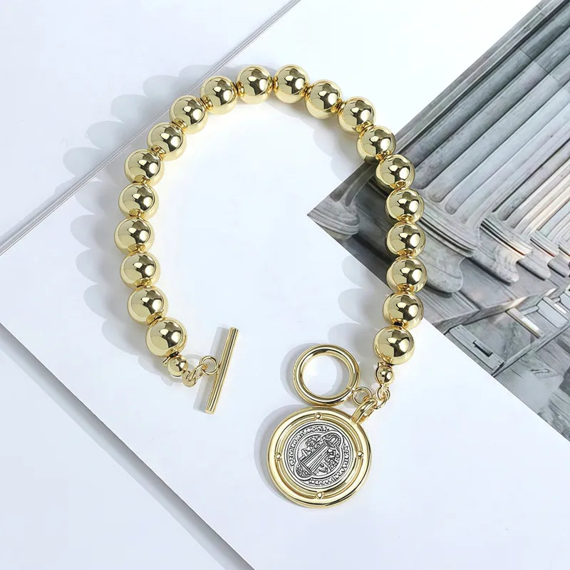 Vintage Geometric Round Virgin Mary Pendant Gold-Plated Copper Beads DIY Beaded OT Clasp Bracelet Jewelry Vacuum Electroplating
